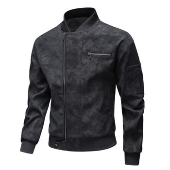 PU bőrdzseki férfiaknak – ifjúsági stílus, kétirányú cipzár, álló gallér, középhosszú, poliészter bélés