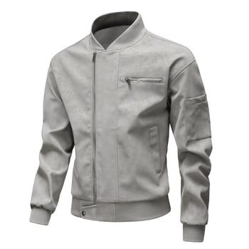 PU bőrdzseki férfiaknak – ifjúsági stílus, kétirányú cipzár, álló gallér, középhosszú, poliészter bélés