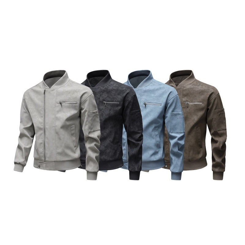 PU bőrdzseki férfiaknak – ifjúsági stílus, kétirányú cipzár, álló gallér, középhosszú, poliészter bélés