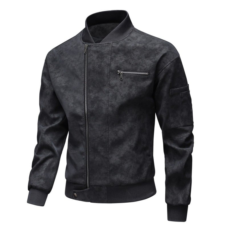 PU bőrdzseki férfiaknak – ifjúsági stílus, kétirányú cipzár, álló gallér, középhosszú, poliészter bélés