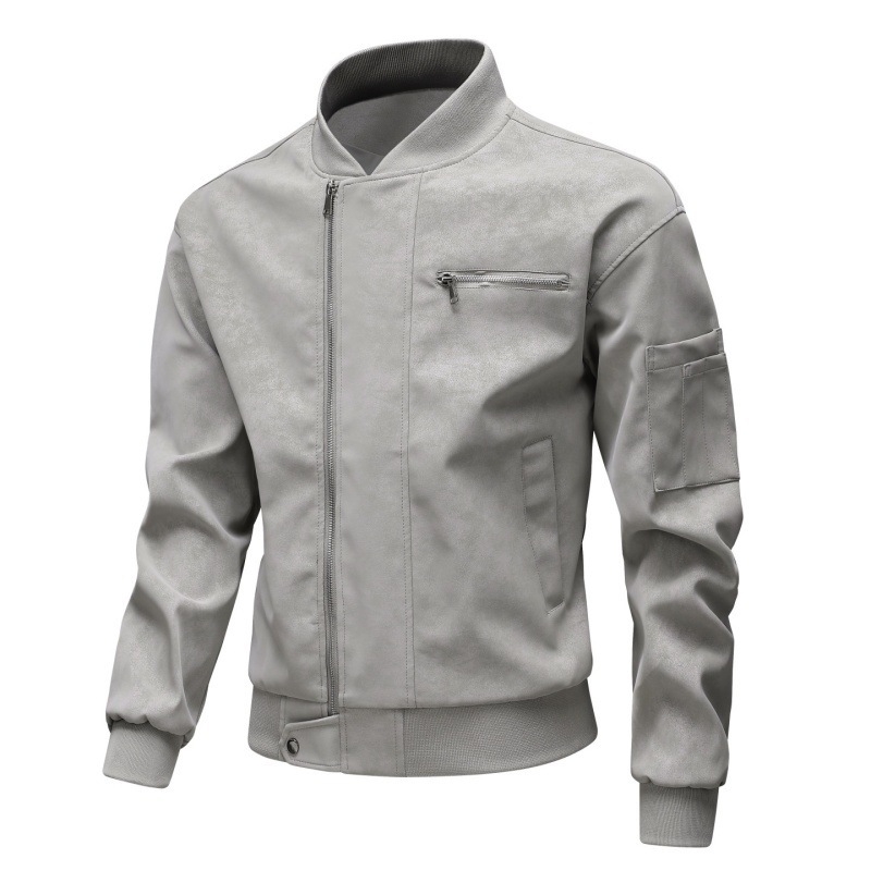 PU bőrdzseki férfiaknak – ifjúsági stílus, kétirányú cipzár, álló gallér, középhosszú, poliészter bélés