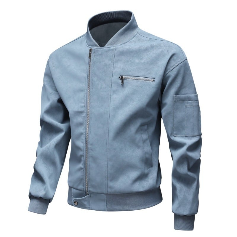 PU bőrdzseki férfiaknak – ifjúsági stílus, kétirányú cipzár, álló gallér, középhosszú, poliészter bélés