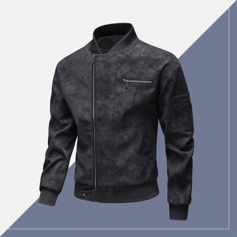 PU bőrdzseki férfiaknak – ifjúsági stílus, kétirányú cipzár, álló gallér, középhosszú, poliészter bélés