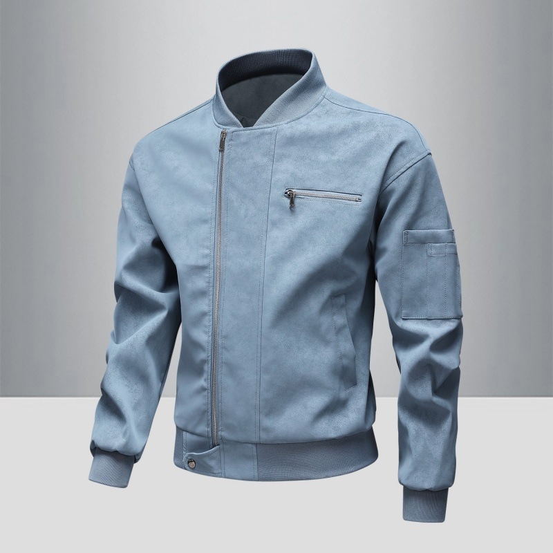 PU bőrdzseki férfiaknak – ifjúsági stílus, kétirányú cipzár, álló gallér, középhosszú, poliészter bélés