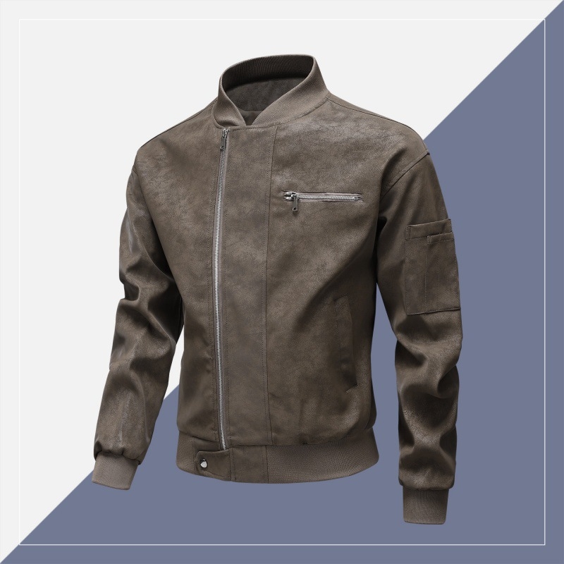 PU bőrdzseki férfiaknak – ifjúsági stílus, kétirányú cipzár, álló gallér, középhosszú, poliészter bélés