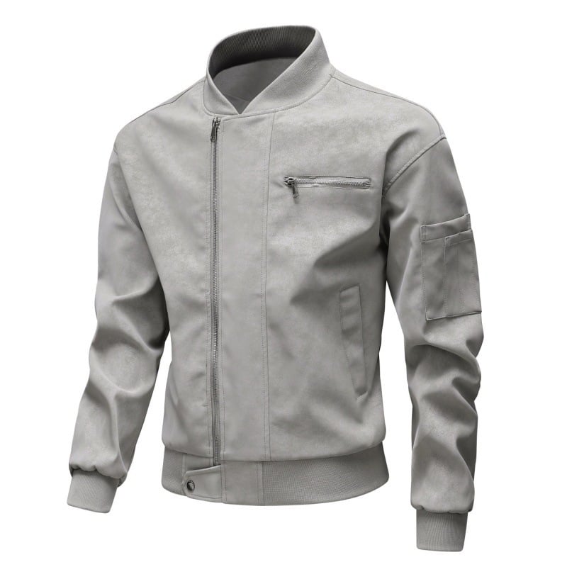 PU bőrdzseki férfiaknak – ifjúsági stílus, kétirányú cipzár, álló gallér, középhosszú, poliészter bélés