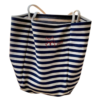 Csíkos vászon tote táska, fiatalos campus stílus, belső telefontartó zseb, dupla vállpánt, 2025 tavaszi kiadás