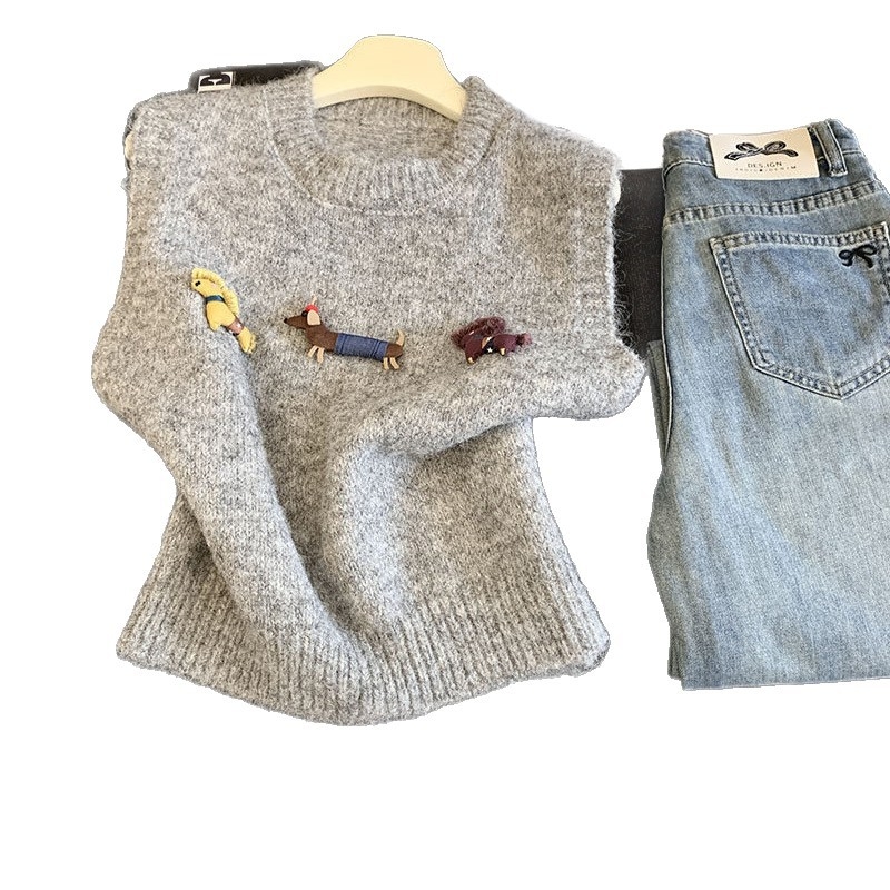Ženski pleteni bezrukavni vest s životinjskim uzorkom, okrugli ovratnik, opušten kroj, pleteni materijal s akrilno-poliesterom smjesom i vunenim punilom, zima 2025