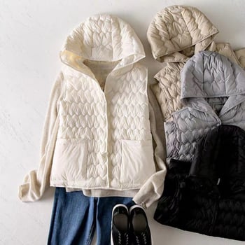 Női kapucnis pehely mellény poliészterből, karcsúsított szabás, hossz 50–65 cm