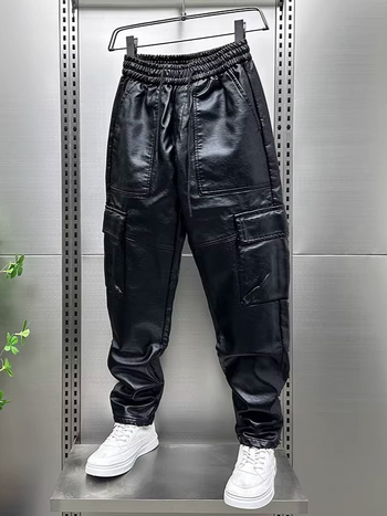 PU bőrnadrág, harém szabás, vastag anyag, sok zseb, koreai stílus