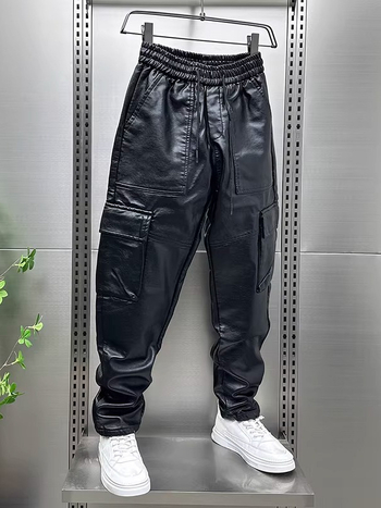 PU bőrnadrág, harém szabás, vastag anyag, sok zseb, koreai stílus