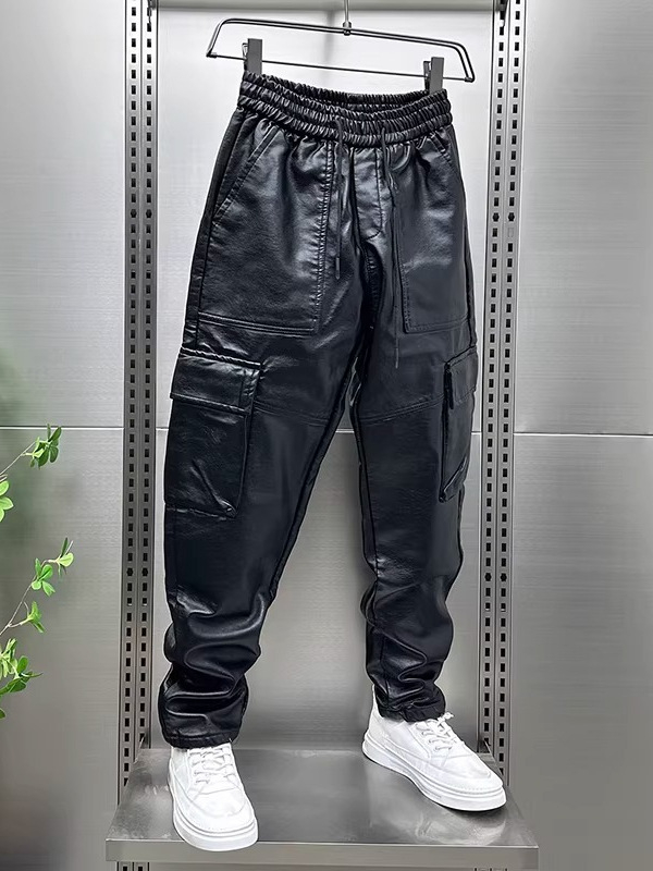 PU bőrnadrág, harém szabás, vastag anyag, sok zseb, koreai stílus