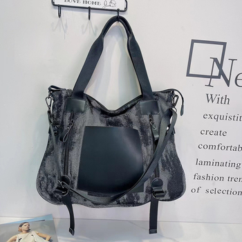Denim Tote torba Rabbit Wolf leather – ženska torba sa zatvaračem i podstavom od poliester-pamuk