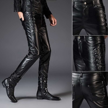 PU bőrből készült kerékpáros nadrág, szoros szabás, középmagas derék, rock stílus