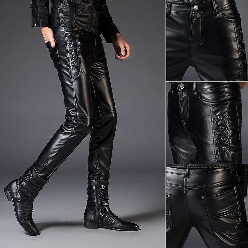 PU bőrből készült kerékpáros nadrág, szoros szabás, középmagas derék, rock stílus