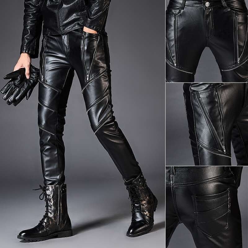 PU bőrből készült kerékpáros nadrág, szoros szabás, középmagas derék, rock stílus