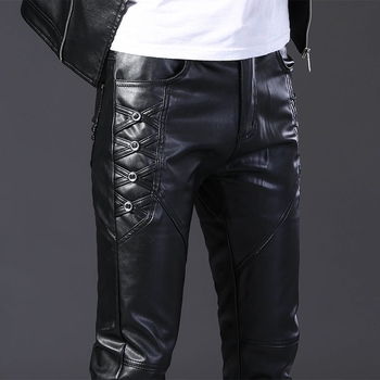 Férfi bőrnadrág, motoros stílus, teljes bőr, koreai stílus, szűk fazon