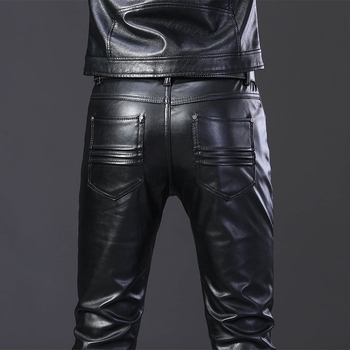 Férfi bőrnadrág, motoros stílus, teljes bőr, koreai stílus, szűk fazon
