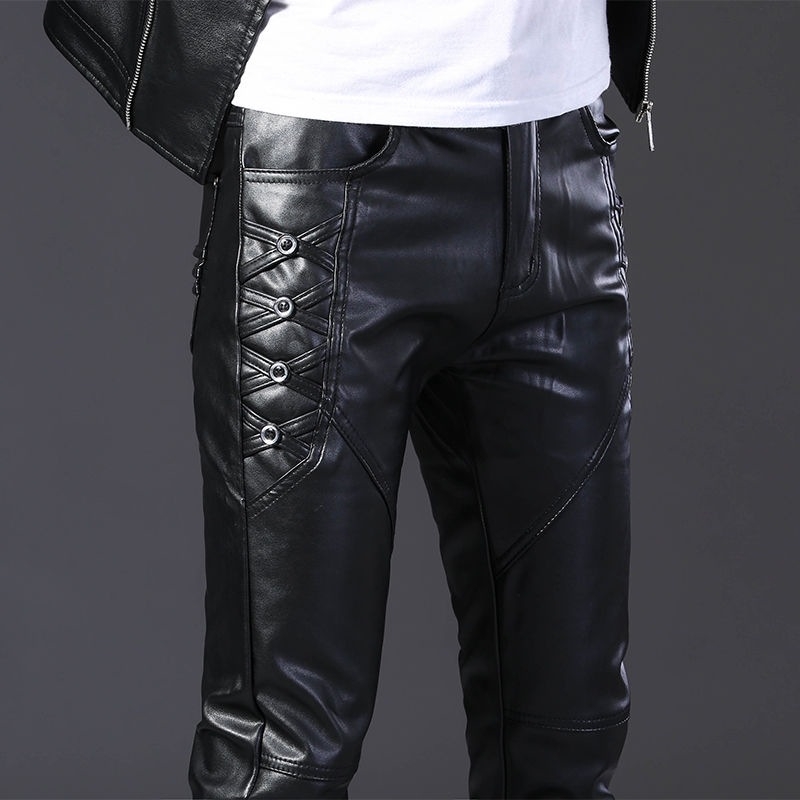 Férfi bőrnadrág, motoros stílus, teljes bőr, koreai stílus, szűk fazon