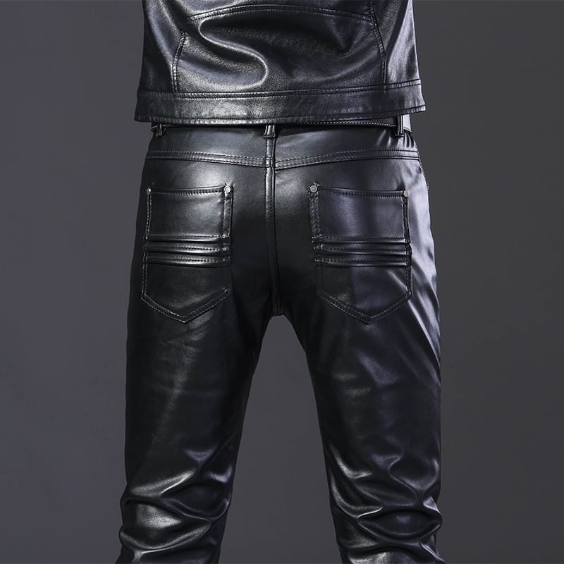 Férfi bőrnadrág, motoros stílus, teljes bőr, koreai stílus, szűk fazon