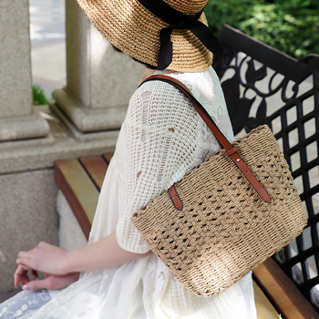 Torba za ramena od papirne užadi, pleteni dizajn, sa zatvaračem, horizontalni kvadratni oblik, podstava poliester-pamuk