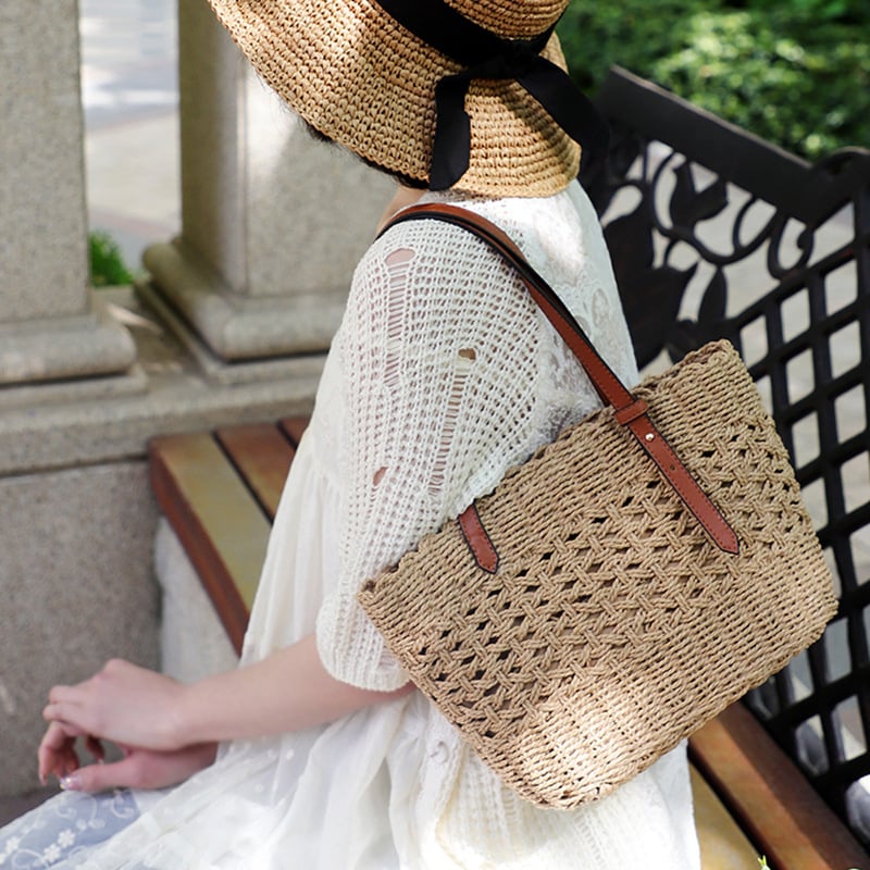 Torba za ramena od papirne užadi, pleteni dizajn, sa zatvaračem, horizontalni kvadratni oblik, podstava poliester-pamuk