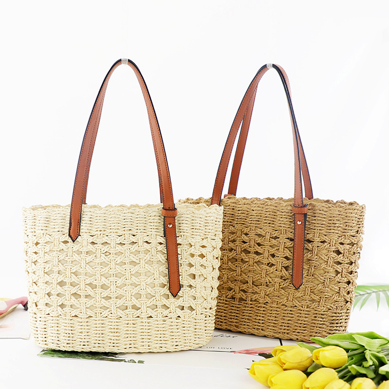 Torba za ramena od papirne užadi, pleteni dizajn, sa zatvaračem, horizontalni kvadratni oblik, podstava poliester-pamuk