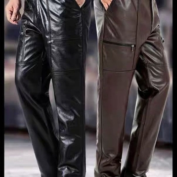 Férfi műbőr nadrág, magas derék, vintage stílus, pamut bélés, téli viselethez