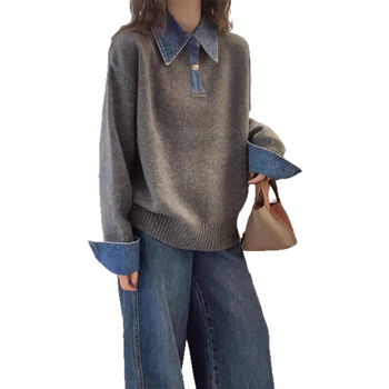 Džemper u korejskom stilu s denim patchworkom, lažni dvodijelni dizajn, ovratnik rever, dugi rukavi