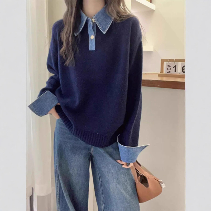 Džemper u korejskom stilu s denim patchworkom, lažni dvodijelni dizajn, ovratnik rever, dugi rukavi