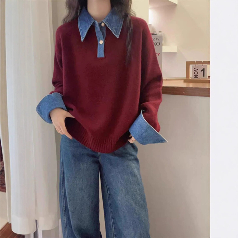 Džemper u korejskom stilu s denim patchworkom, lažni dvodijelni dizajn, ovratnik rever, dugi rukavi
