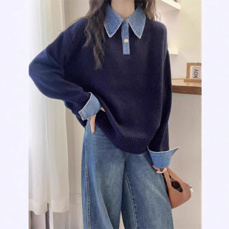 Džemper u korejskom stilu s denim patchworkom, lažni dvodijelni dizajn, ovratnik rever, dugi rukavi