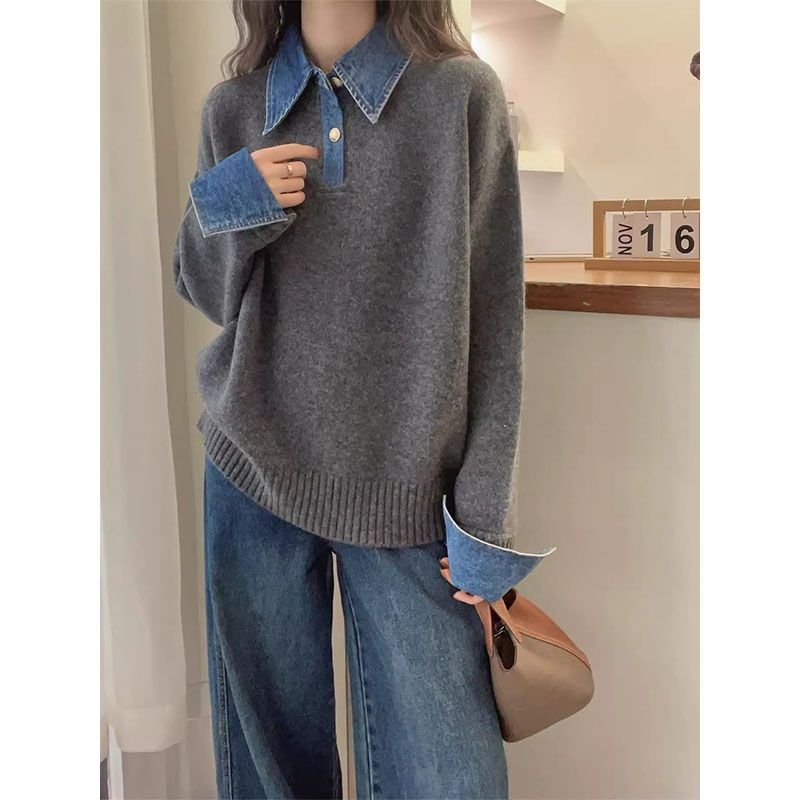 Džemper u korejskom stilu s denim patchworkom, lažni dvodijelni dizajn, ovratnik rever, dugi rukavi