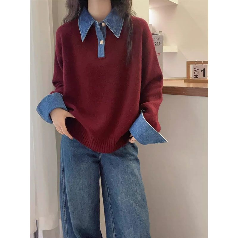 Džemper u korejskom stilu s denim patchworkom, lažni dvodijelni dizajn, ovratnik rever, dugi rukavi