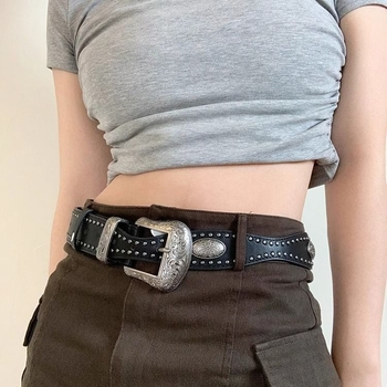 Unisex kožni pojas od PU kože s kopčom na pin, rivet punk stil, uska širina ispod 2 cm, proljeće 2025, starinski završni sloj, Y2K inspiracija