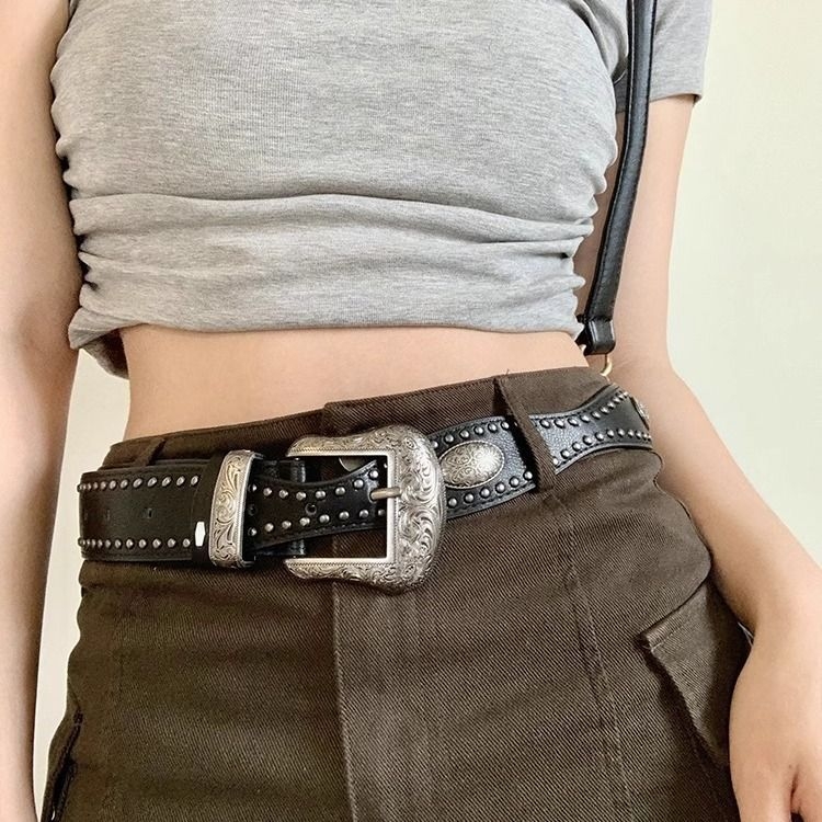 Unisex kožni pojas od PU kože s kopčom na pin, rivet punk stil, uska širina ispod 2 cm, proljeće 2025, starinski završni sloj, Y2K inspiracija