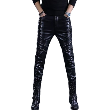 Férfi PU bőr nadrág, szűk szabású, motoros stílus, koreai stílus, középmagas derék