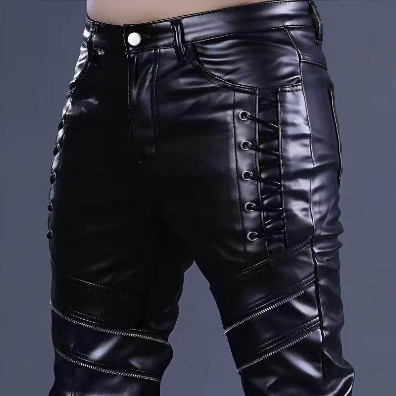 Férfi PU bőr nadrág, szűk szabású, motoros stílus, koreai stílus, középmagas derék