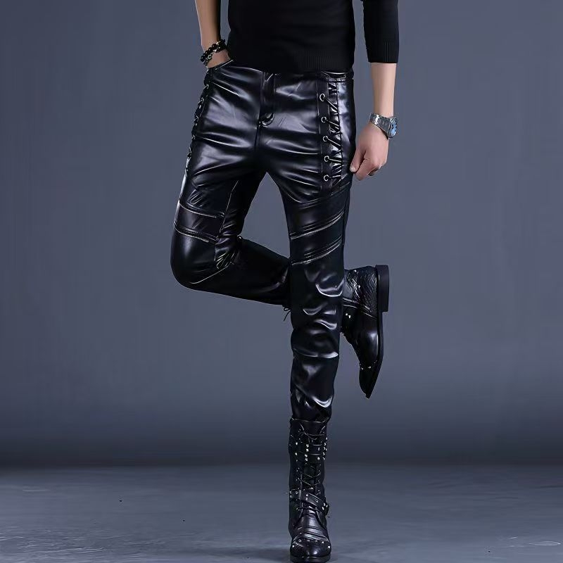 Férfi PU bőr nadrág, szűk szabású, motoros stílus, koreai stílus, középmagas derék