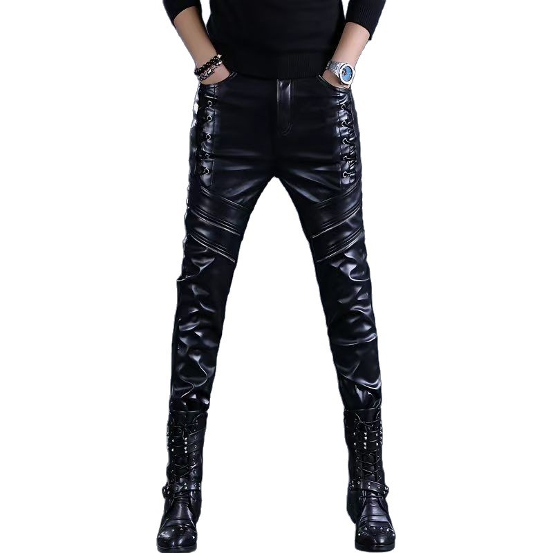 Férfi PU bőr nadrág, szűk szabású, motoros stílus, koreai stílus, középmagas derék