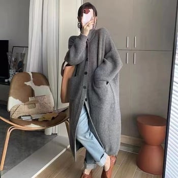 Női hosszú kötött kardigán, akril alapanyag, vastag kötés, álló gallér, hosszú ujj, lazán szabott, őszi 2025