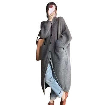 Női hosszú kötött kardigán, akril alapanyag, vastag kötés, álló gallér, hosszú ujj, lazán szabott, őszi 2025