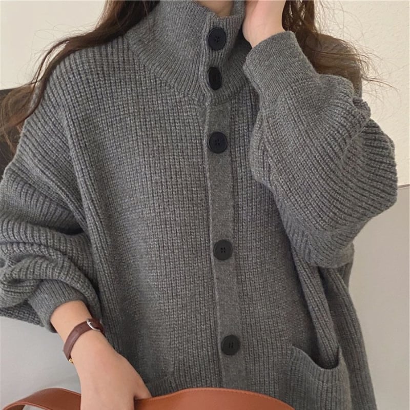 Női hosszú kötött kardigán, akril alapanyag, vastag kötés, álló gallér, hosszú ujj, lazán szabott, őszi 2025