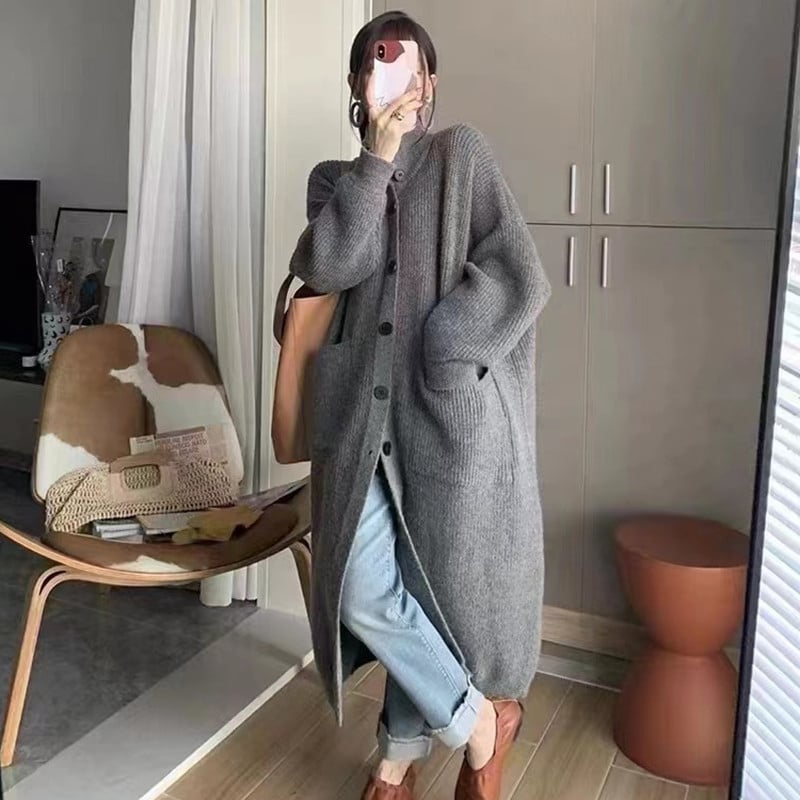 Női hosszú kötött kardigán, akril alapanyag, vastag kötés, álló gallér, hosszú ujj, lazán szabott, őszi 2025