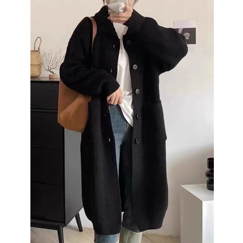 Női hosszú kötött kardigán, akril alapanyag, vastag kötés, álló gallér, hosszú ujj, lazán szabott, őszi 2025