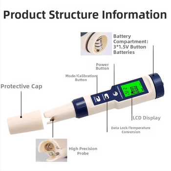 Hordozható vízminőség-analizátor EZ-9909 pH, sótartalom és TDS mérésével; pH-tartomány 0-14, TDS 0-9999 ppm; pontosság 0.01, felbontás 0.01
