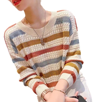 Csíkos kötött pulóver, lazán szabott, lyukacsos mintázat, kerek nyakú, hosszú ujjú