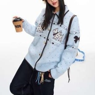 Kötött kardigán Fair Isle mintával, akril-spandex keverék, rever gallér, hosszú ujjú, lazán szabott