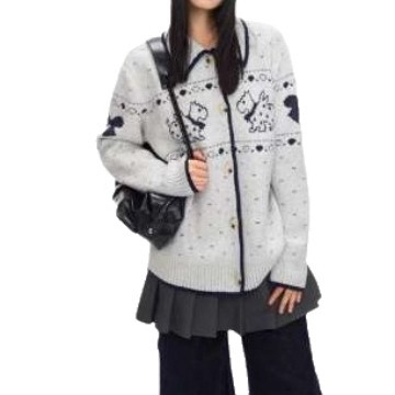 Kötött kardigán Fair Isle mintával, akril-spandex keverék, rever gallér, hosszú ujjú, lazán szabott