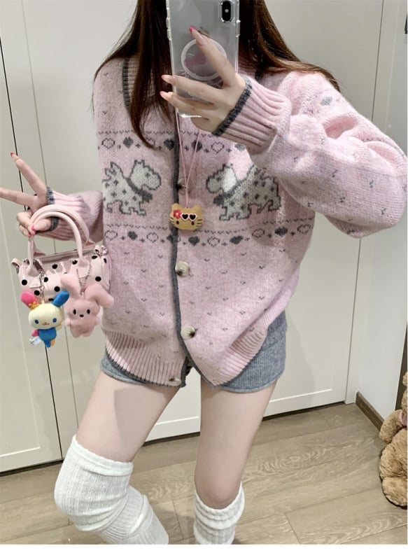 Kötött kardigán Fair Isle mintával, akril-spandex keverék, rever gallér, hosszú ujjú, lazán szabott